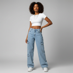 Light Blue Cargo Jeans - Model Amevaa White Crop Top