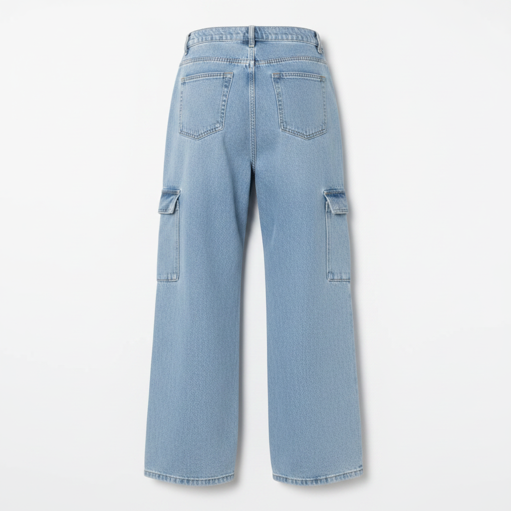 Light Blue Cargo Jeans - Back View Wide Leg