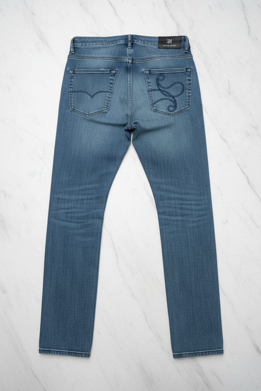 Riccardo Maretti Jeans Flat Lay Back View RM Logo