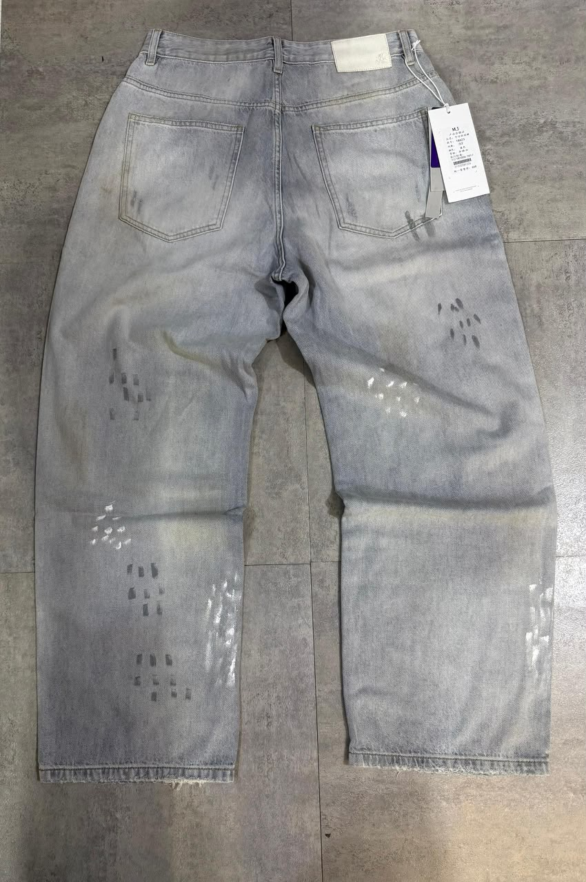 Distressed Baggy Denim Jeans - Light Grey Washed Back View
