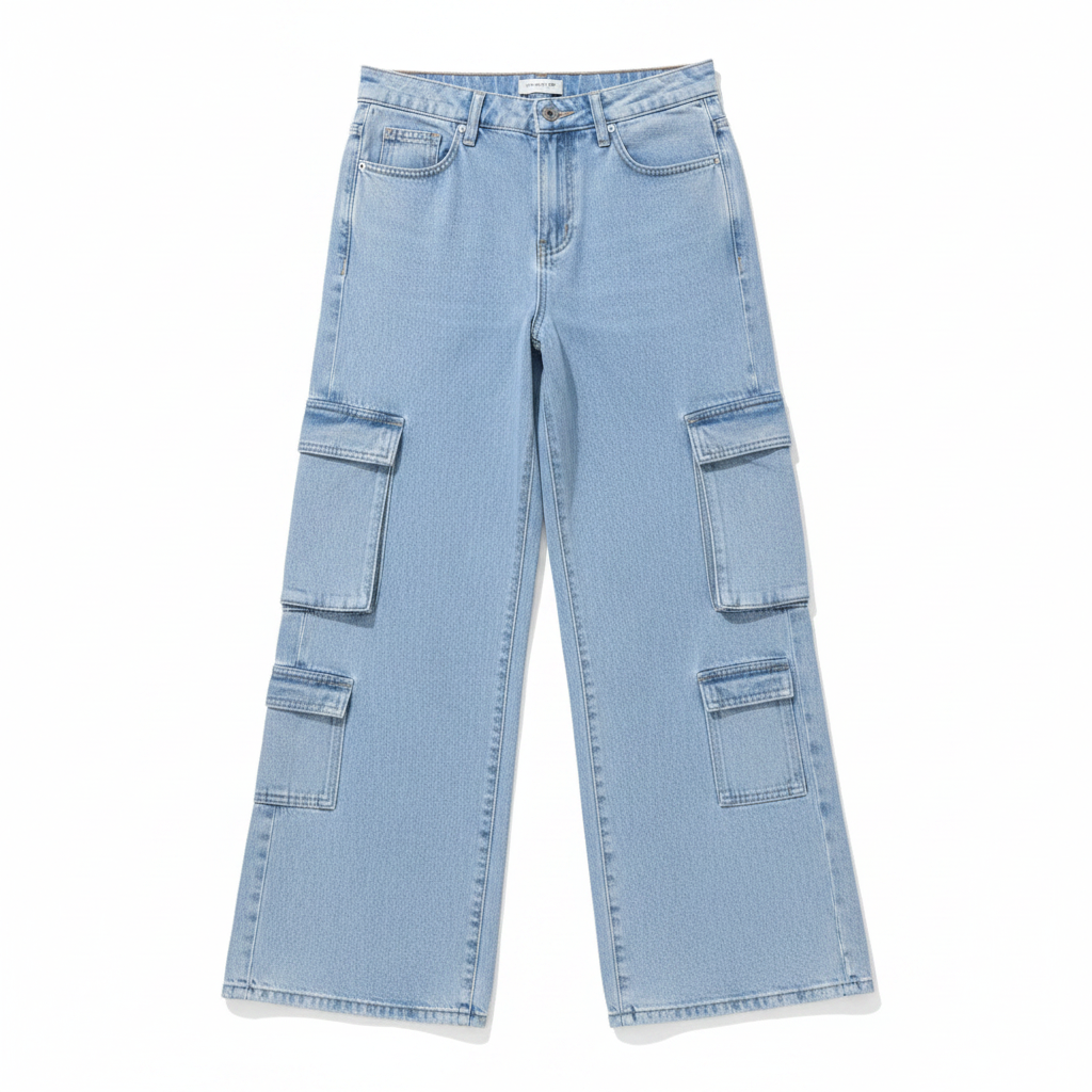 Light Blue Cargo Jeans - Flat Lay White Background