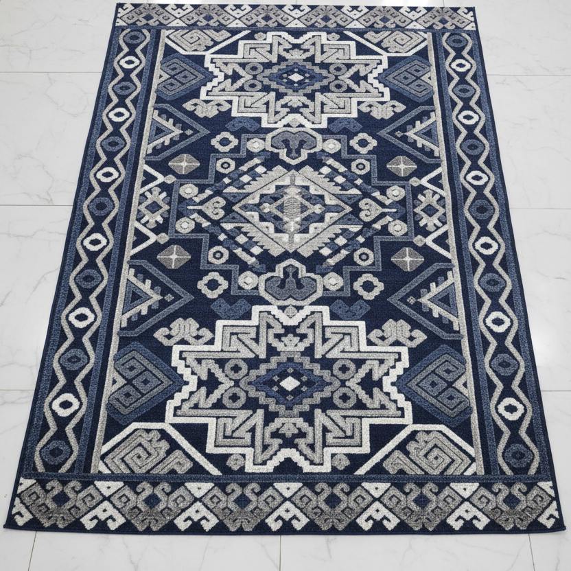 Luxury Moroccan Navy Blue Rug 6x10ft flat lay