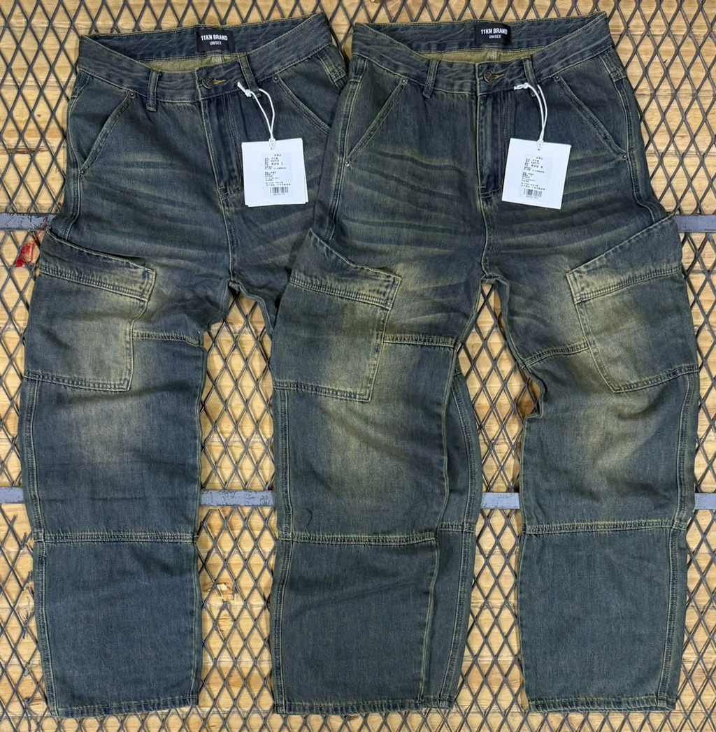 11KM Brand Unisex Cargo Denim Jeans - Olive Washed