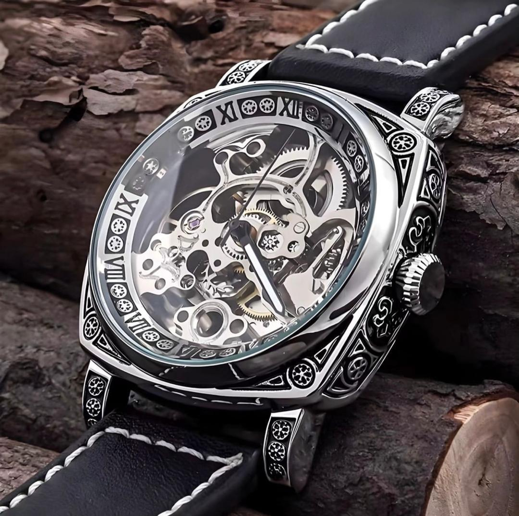 Skeleton Watch - Silver on Wood Background