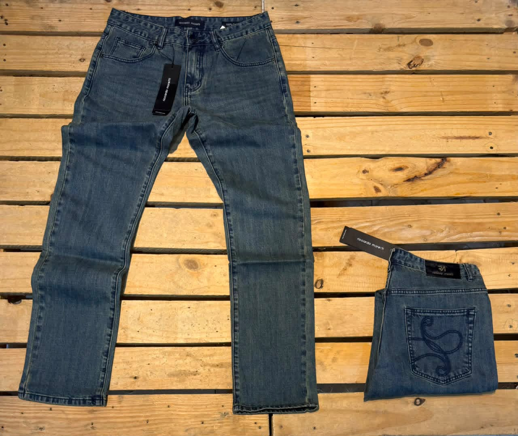 Riccardo Maretti Slim Straight Jeans - Blue Grey Washed Front and Back View