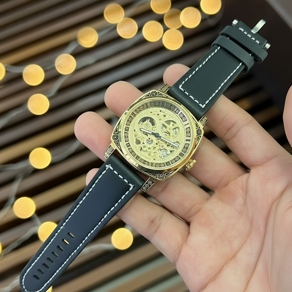 Skeleton Watch - Gold on White Cushion