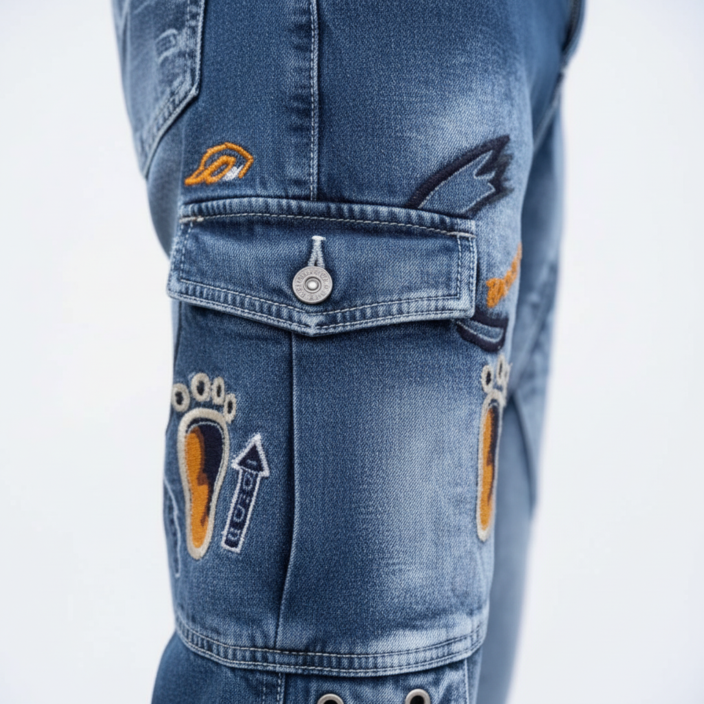Cargo Jeans - Embroidery Patch Detail Close Up