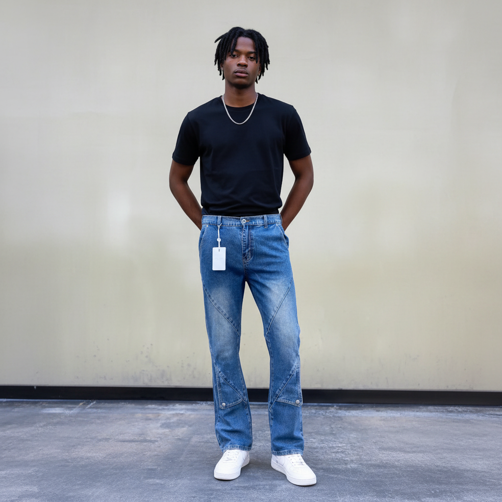 Diagonal Seam Jeans - Model Amevaa White T-Shirt