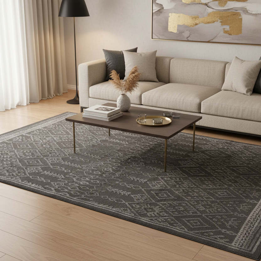 Luxury Moroccan Grey Rug in modern living room