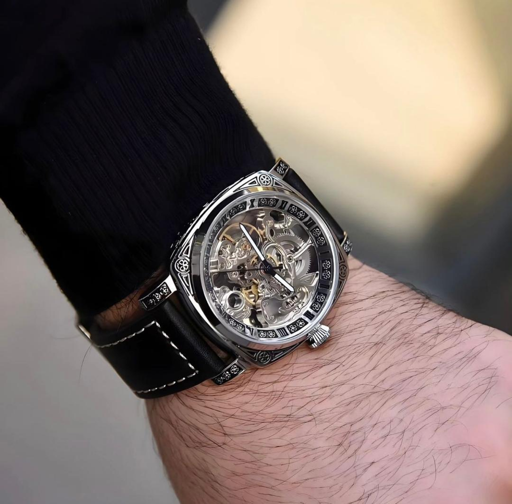 Skeleton Watch - Silver on Wrist Black Suit