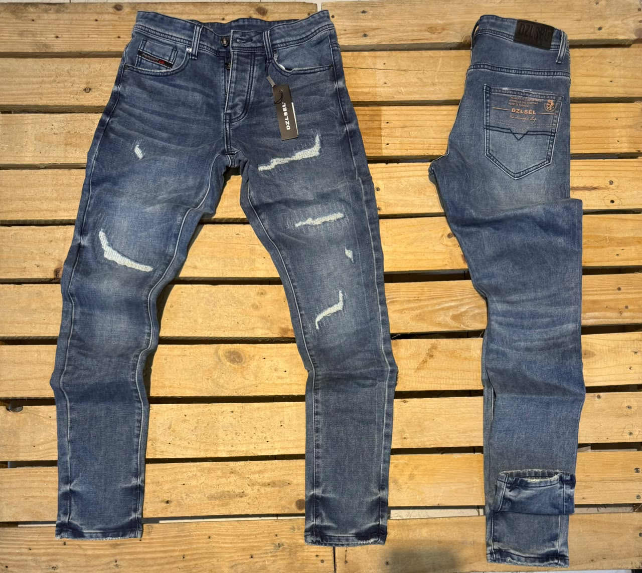 Diesel Ripped Slim Fit Jeans - Dark Blue Washed Front and Back View