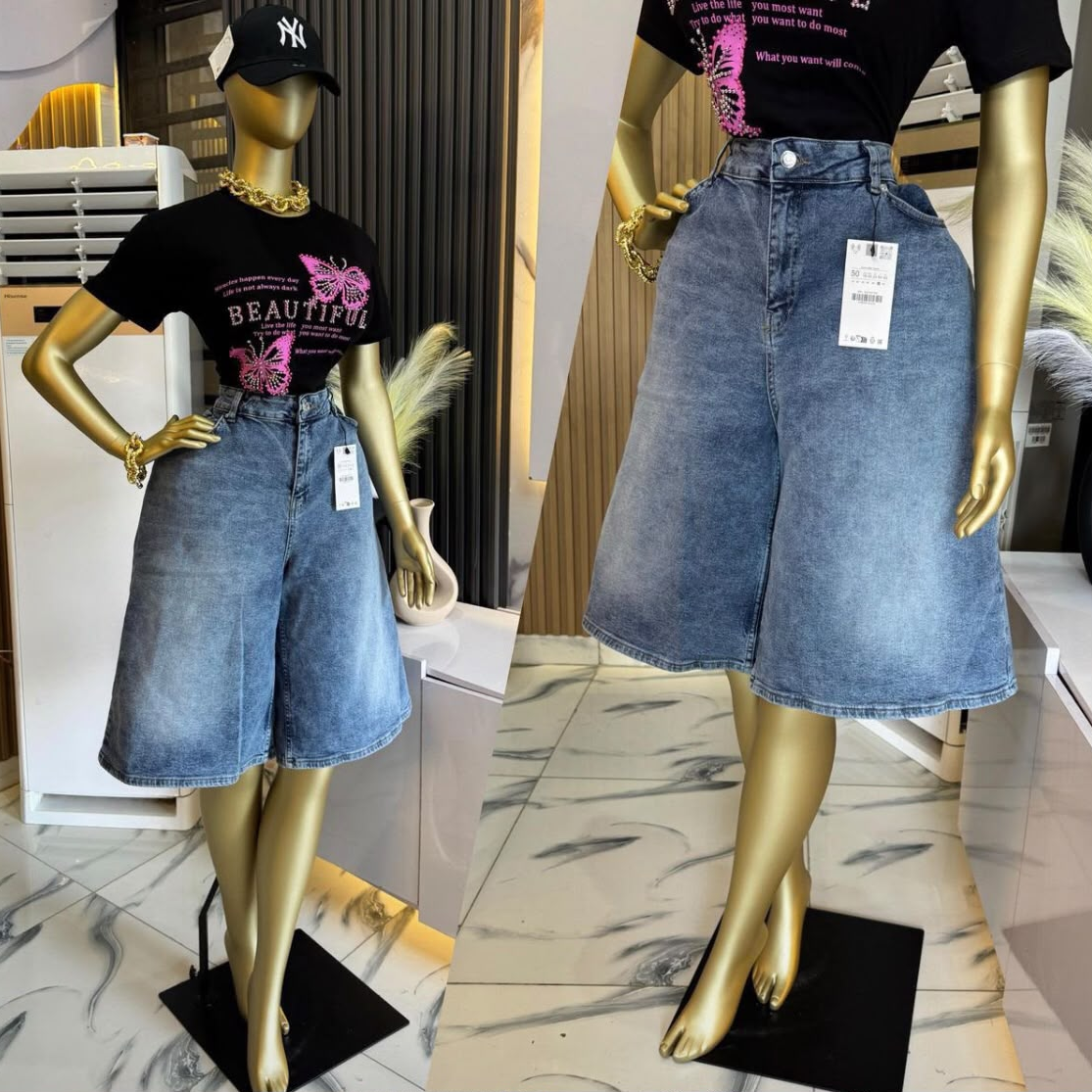 Blue Denim A-Line Midi Skirt - Mannequin Front na Side View