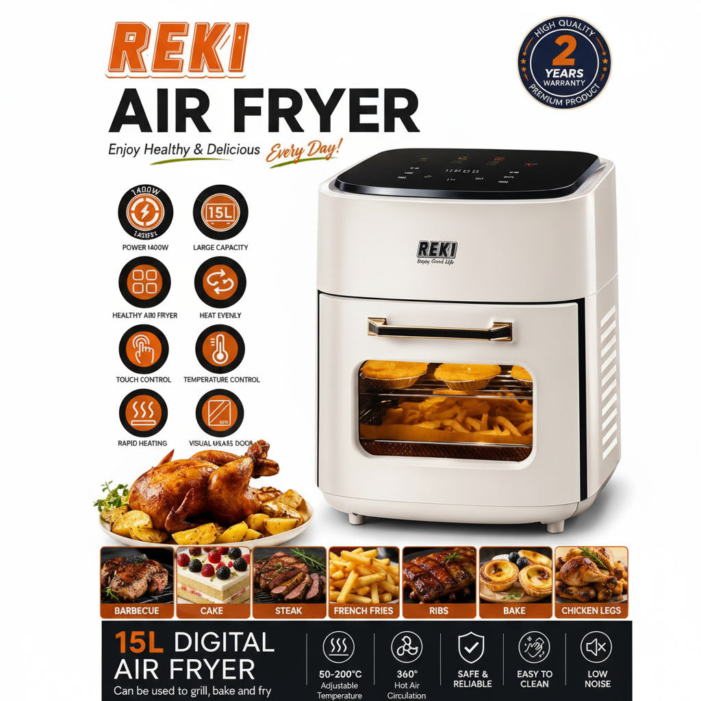REKI Air Fryer 15L kwenye background nyeupe