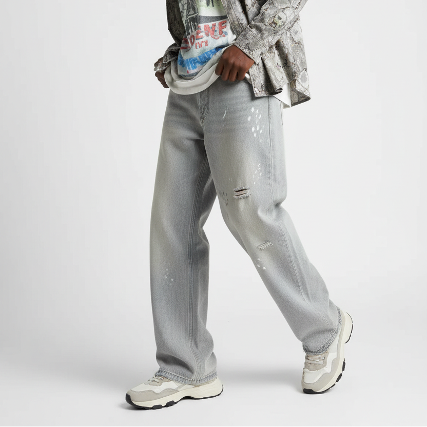 Model wearing Distressed Baggy Jeans