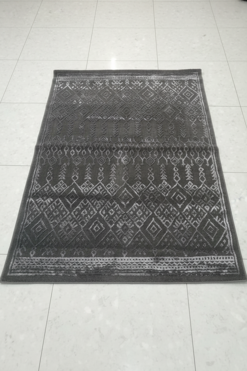 Luxury Moroccan Grey Rug 5x7ft flat lay