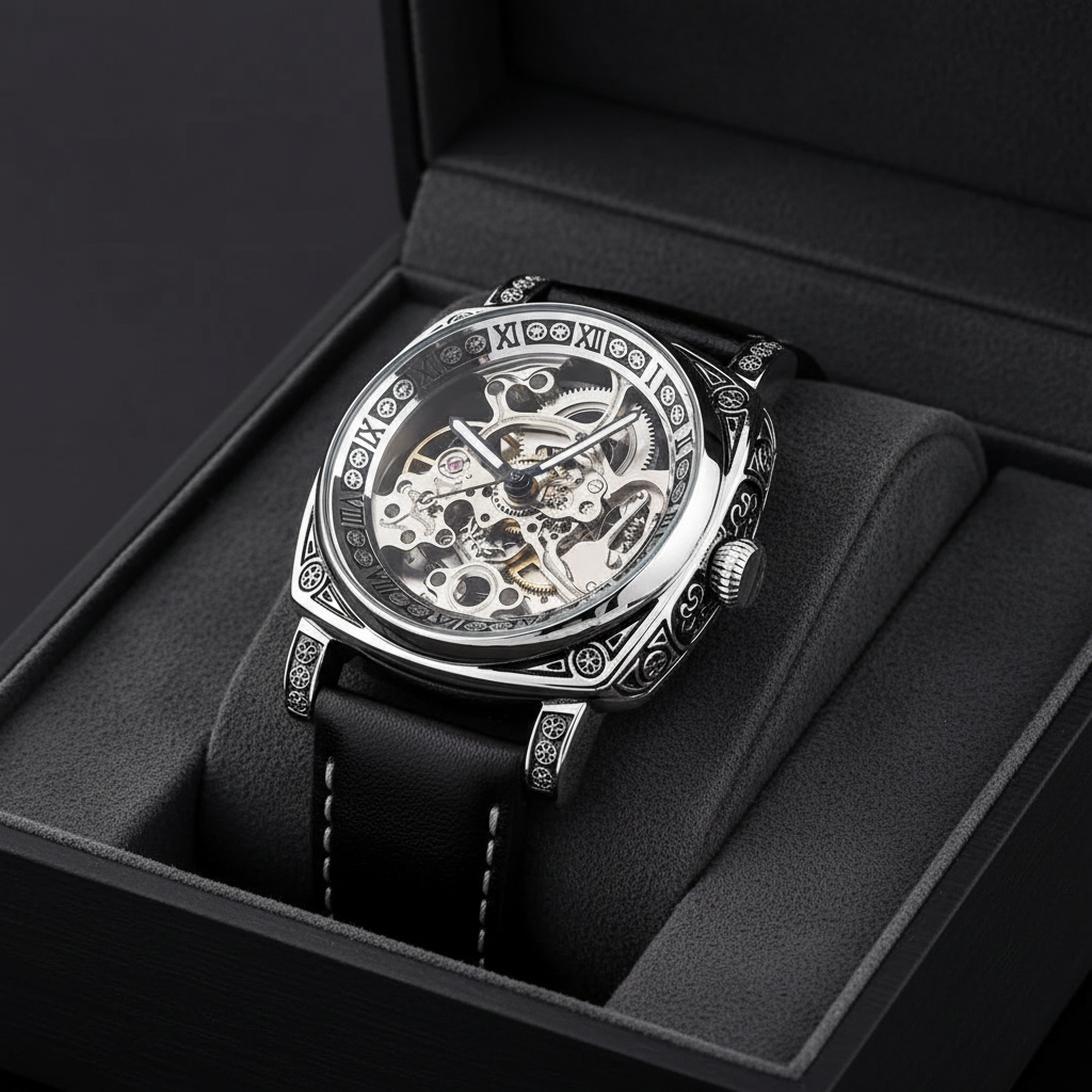 Skeleton Watch - Silver on Velvet Box