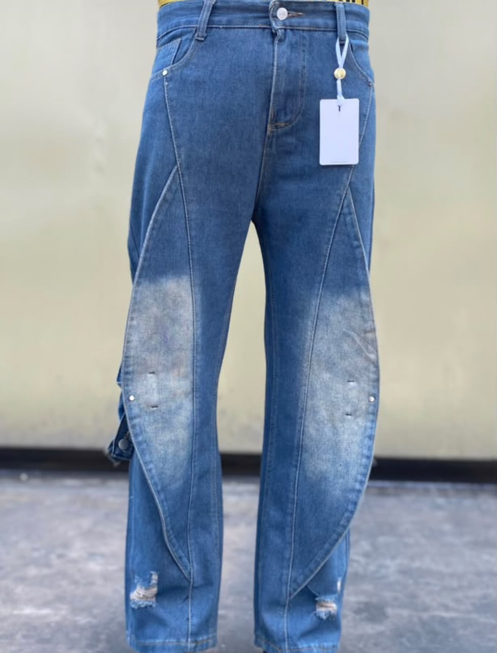 Wide-Leg Distressed Denim Jeans - Front View