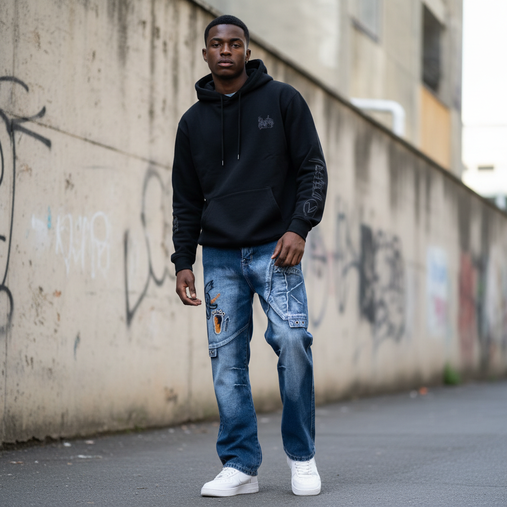 Cargo Jeans - Model Amevaa Black Hoodie